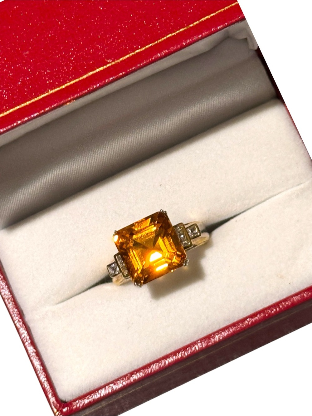 Yellow Citrine Solitaire Ring with Side Accents - Brand Not Specified